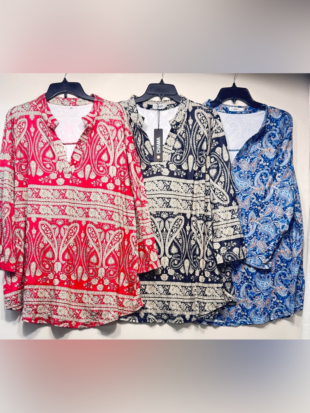 Set of 3  
Chama Plus Size Tunic Tops 3/4 Roll Sleeve Notch V Neck
Blouses